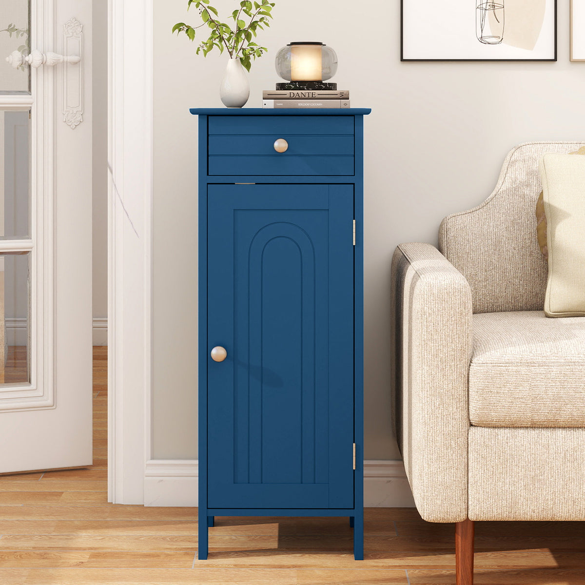 Blue Wooden Bathroom Floor Cabinet with Drawer - 14" x 12" x 34.5"-Floor Cabinets-DECOROLALA