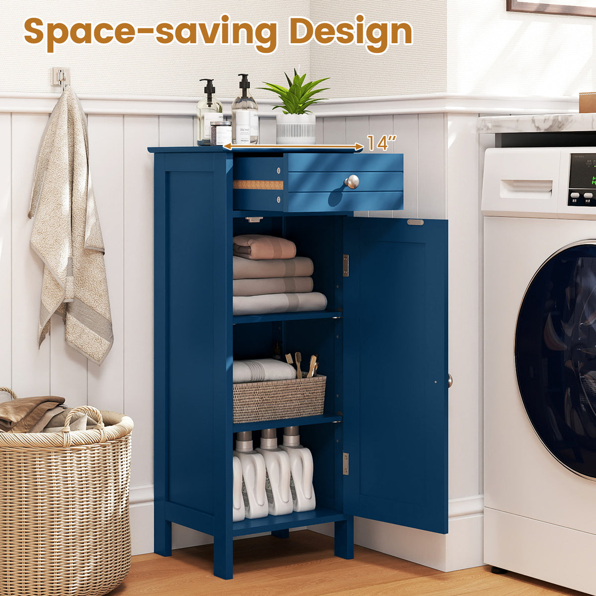 Blue Wooden Bathroom Floor Cabinet with Drawer - 14" x 12" x 34.5"-Floor Cabinets-DECOROLALA