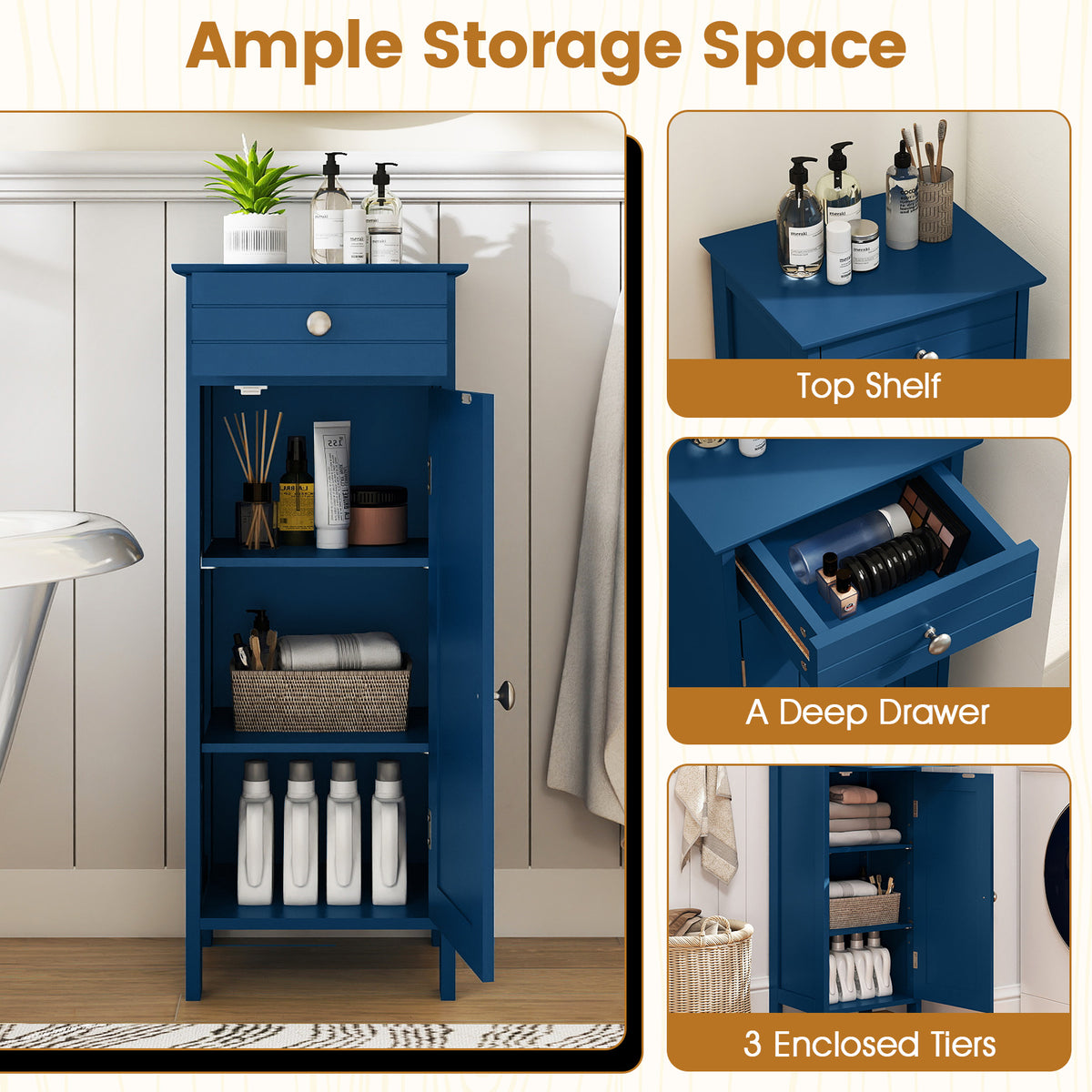Blue Wooden Bathroom Floor Cabinet with Drawer - 14" x 12" x 34.5"-Floor Cabinets-DECOROLALA