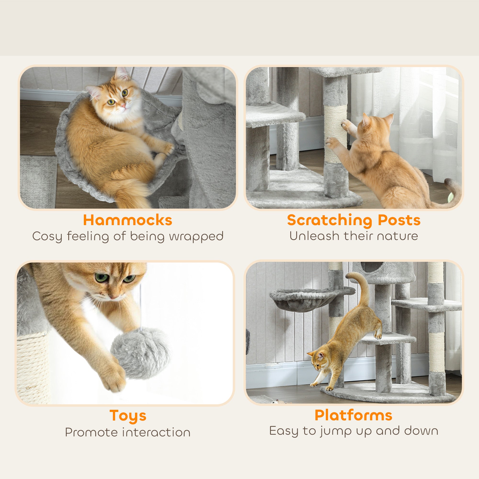62" Cat Tree with Scratching Post, 2 Condos, Hammock, Perches, Plush, Pompoms, for Indoor Cats, Light Grey