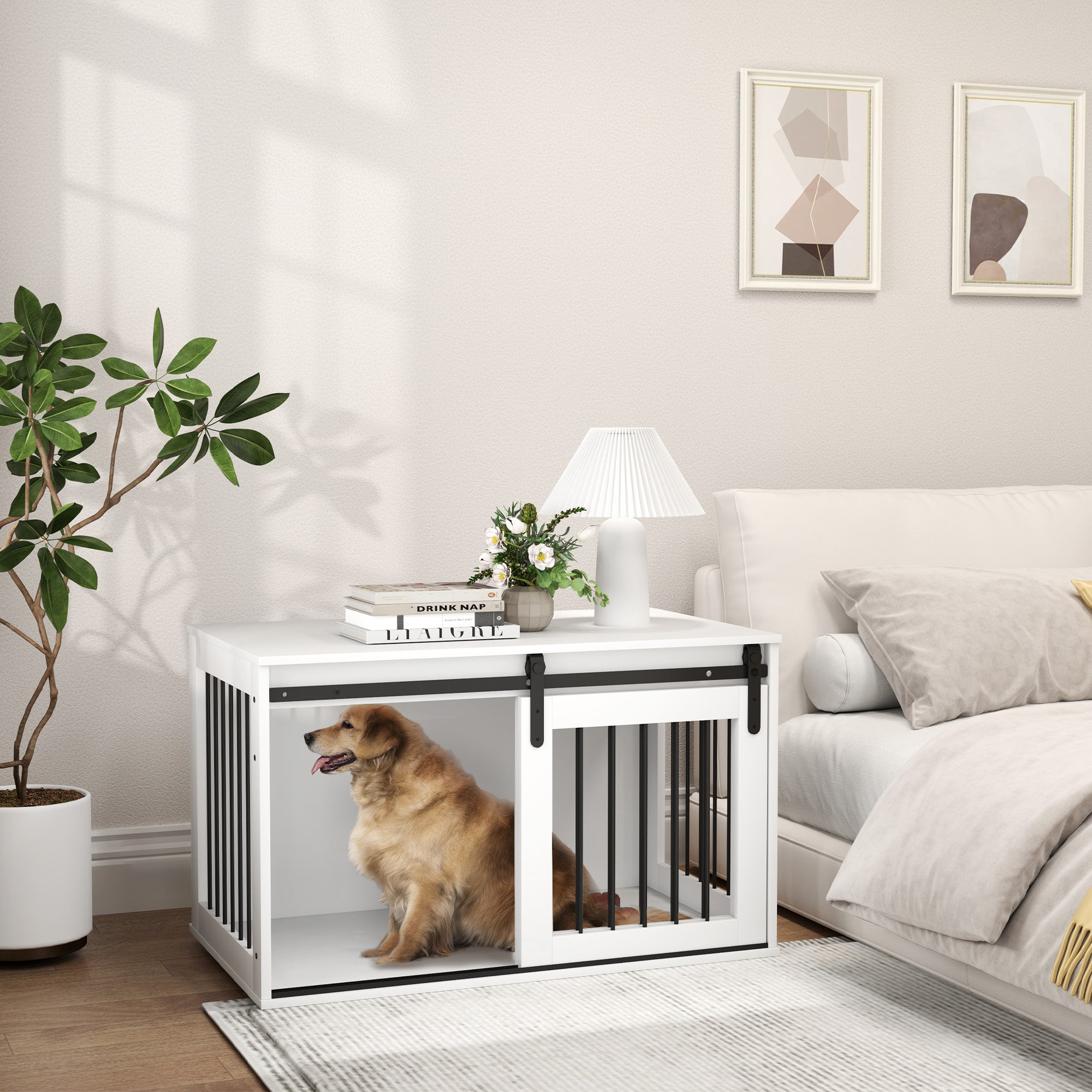 39" Dog Crate Furniture Side Table - White Wood and Steel-Dogs-DECOROLALA
