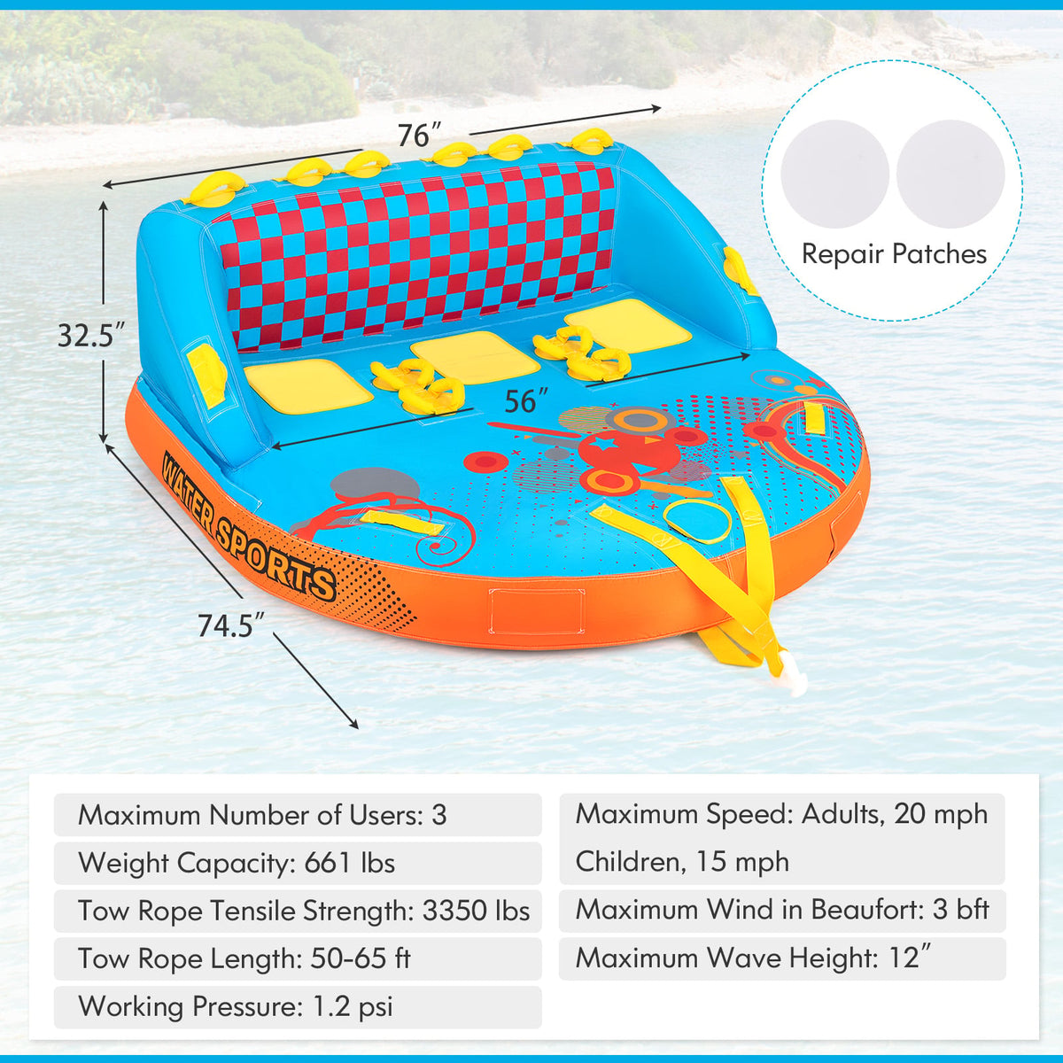 Boating 3 Riders Towable Tube Water Sport Towables Sofa Pull Tube with Nylon Cover-Water Sports-DECOROLALA