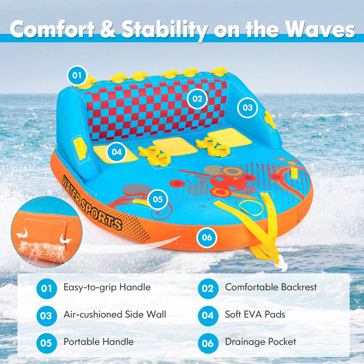 Boating 3 Riders Towable Tube Water Sport Towables Sofa Pull Tube with Nylon Cover-Water Sports-DECOROLALA