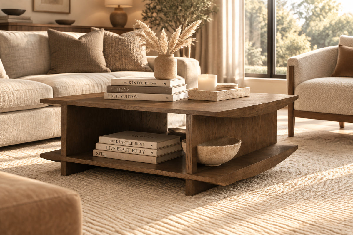 Boden 42" Square Wood Coffee Table w/ Open Shelf-Coffee Tables-DECOROLALA