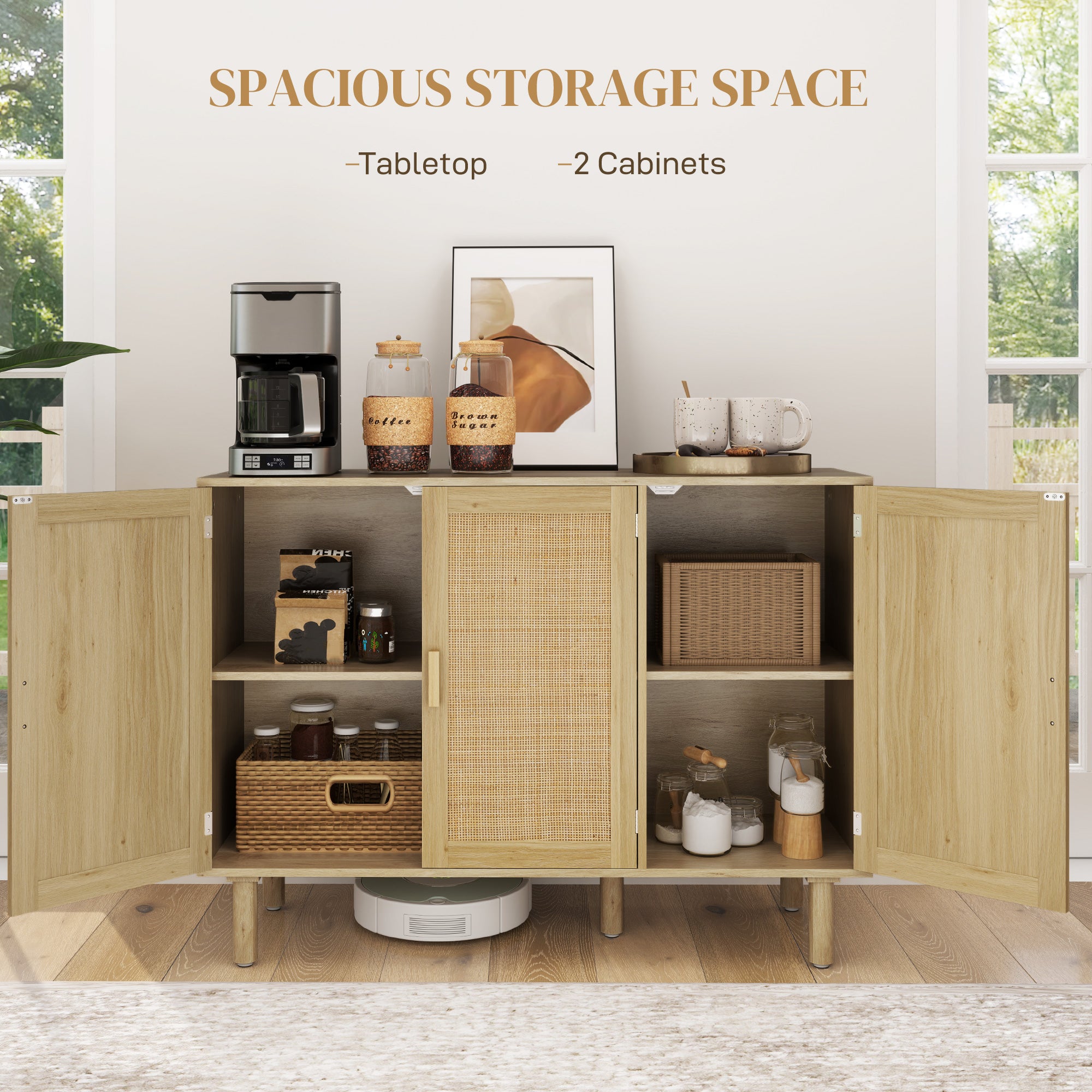 Bohemian Sideboard Buffet - 46.9" Oak Cabinet with Rattan Doors for Living Room-DECOROLALA