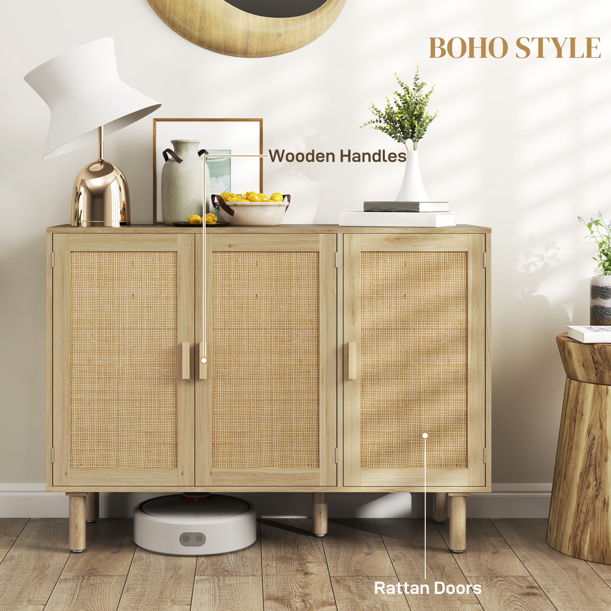 Bohemian Sideboard Buffet - 46.9" Oak Cabinet with Rattan Doors for Living Room-DECOROLALA