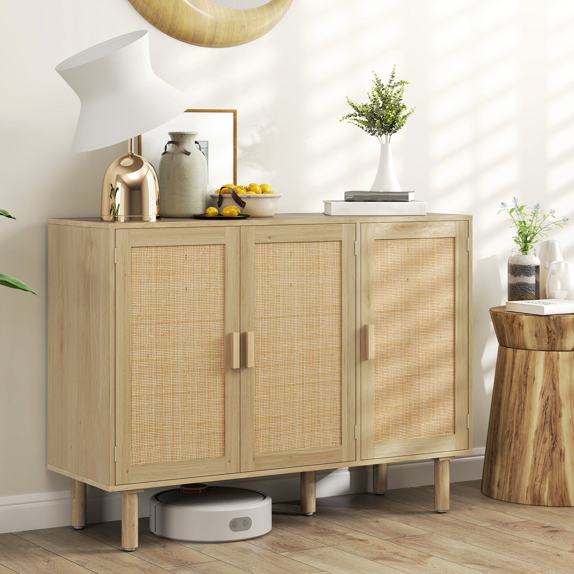 Bohemian Sideboard Buffet - 46.9" Oak Cabinet with Rattan Doors for Living Room-DECOROLALA
