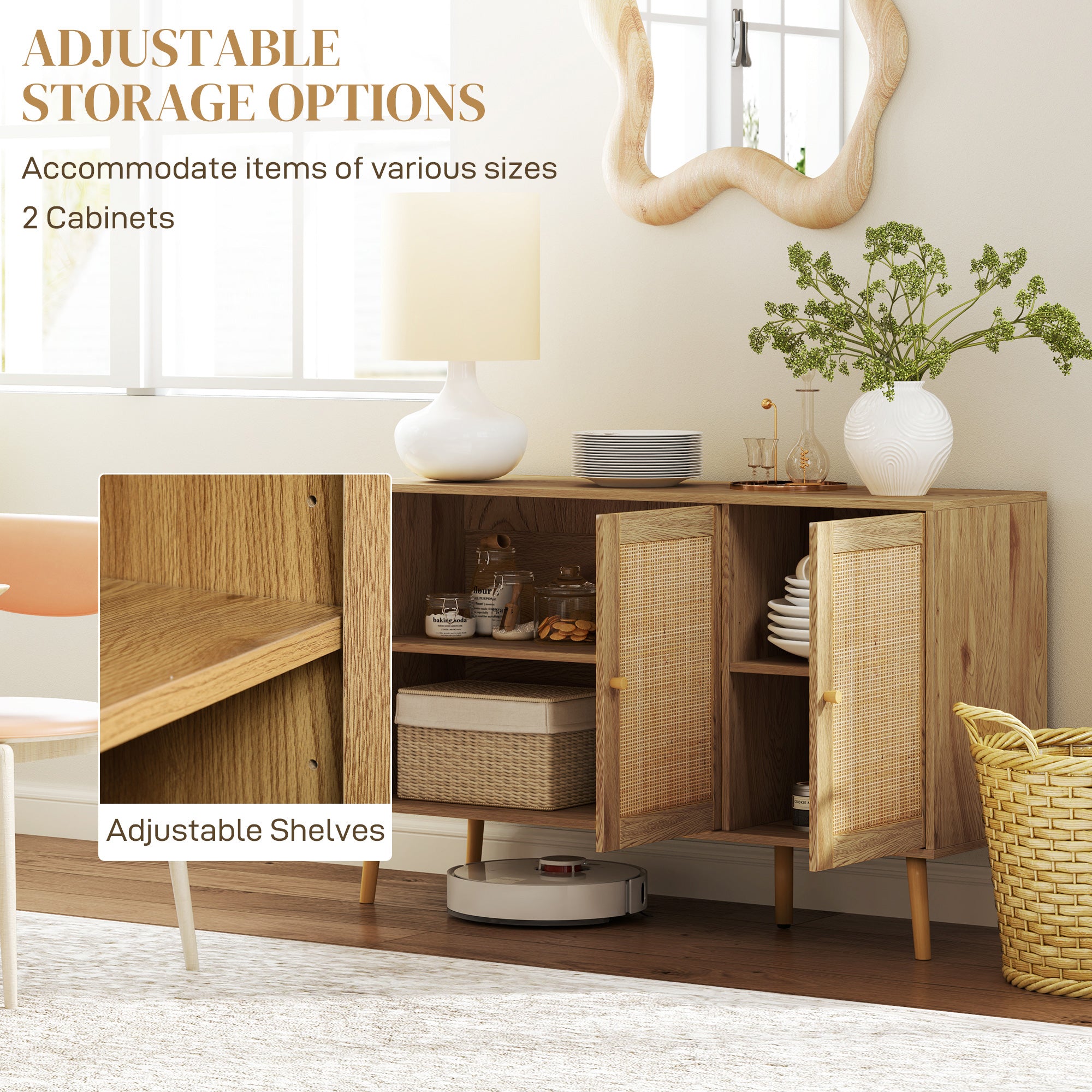 Bohemian Sideboard - Rattan, Adjustable Shelf, Natural Wood-DECOROLALA