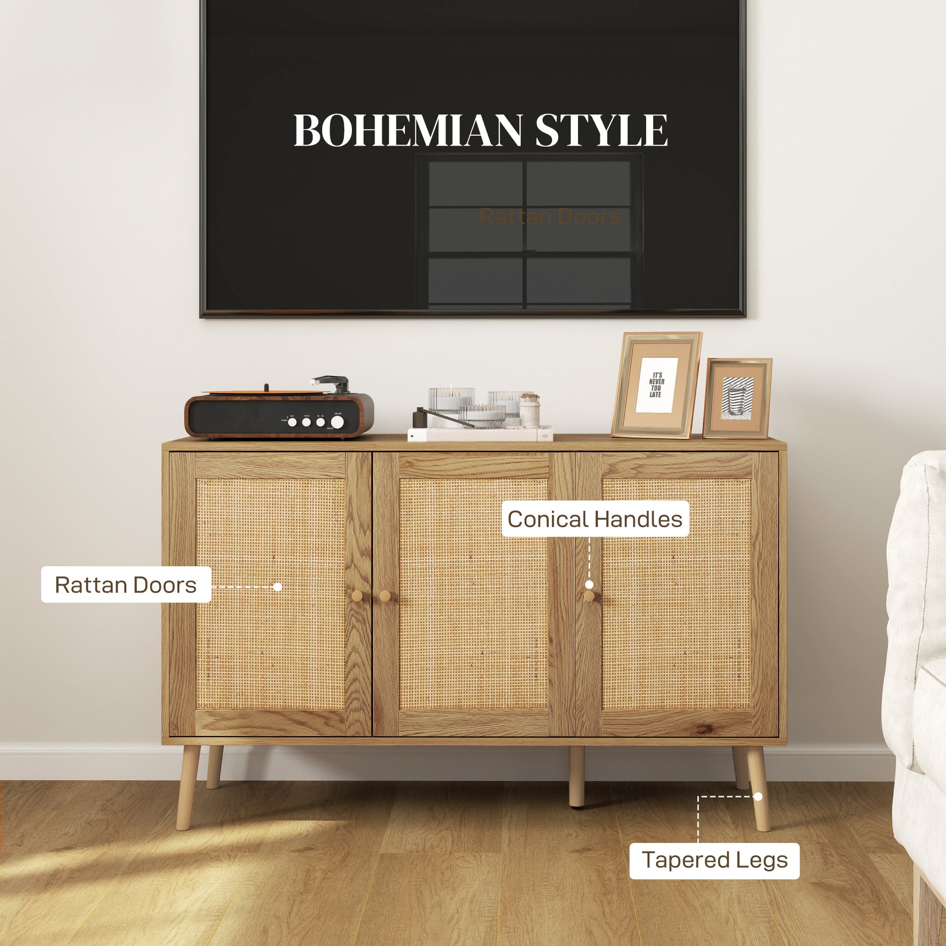 Bohemian Sideboard - Rattan, Adjustable Shelf, Natural Wood-DECOROLALA