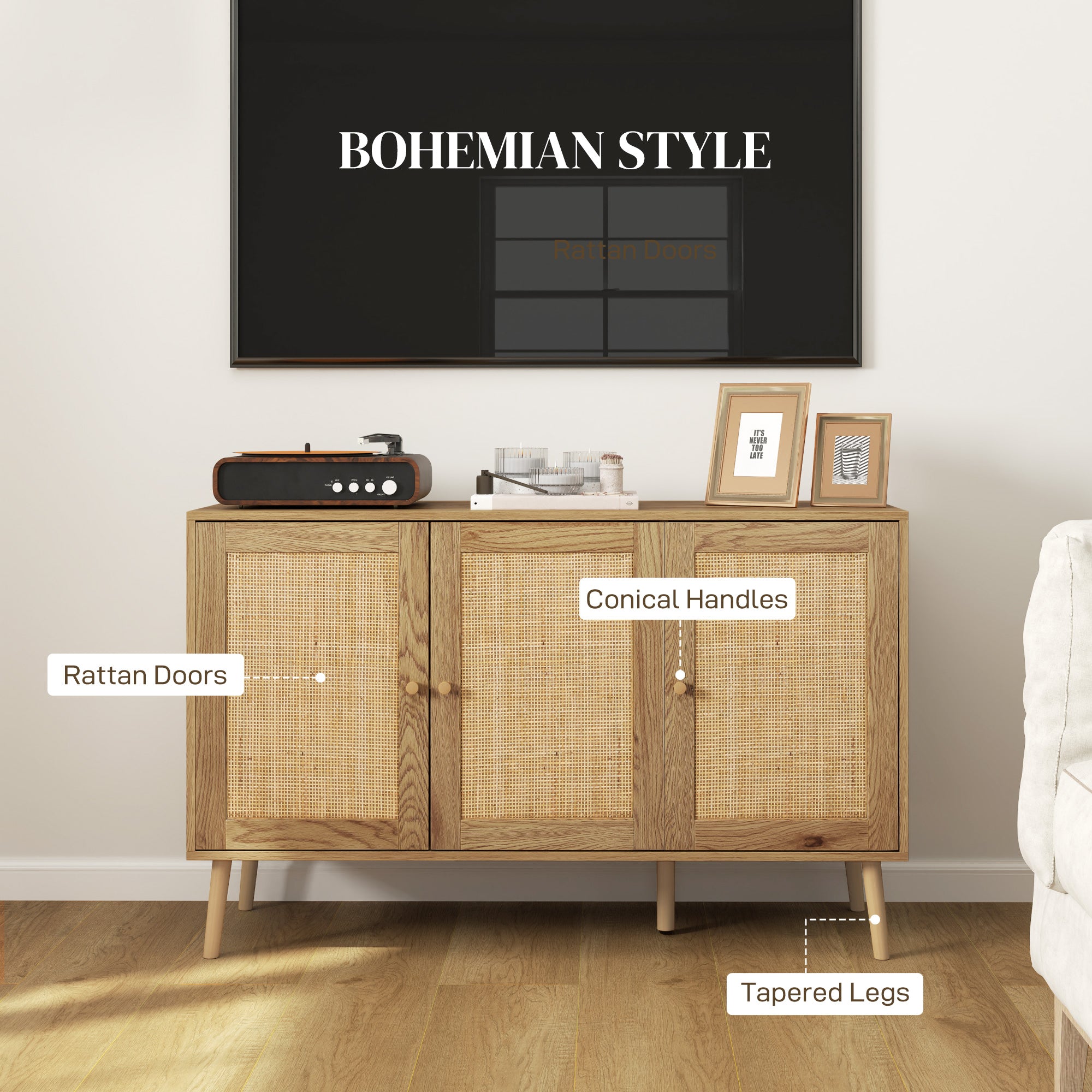 Bohemian Sideboard - Rattan, Adjustable Shelf, Natural Wood-DECOROLALA