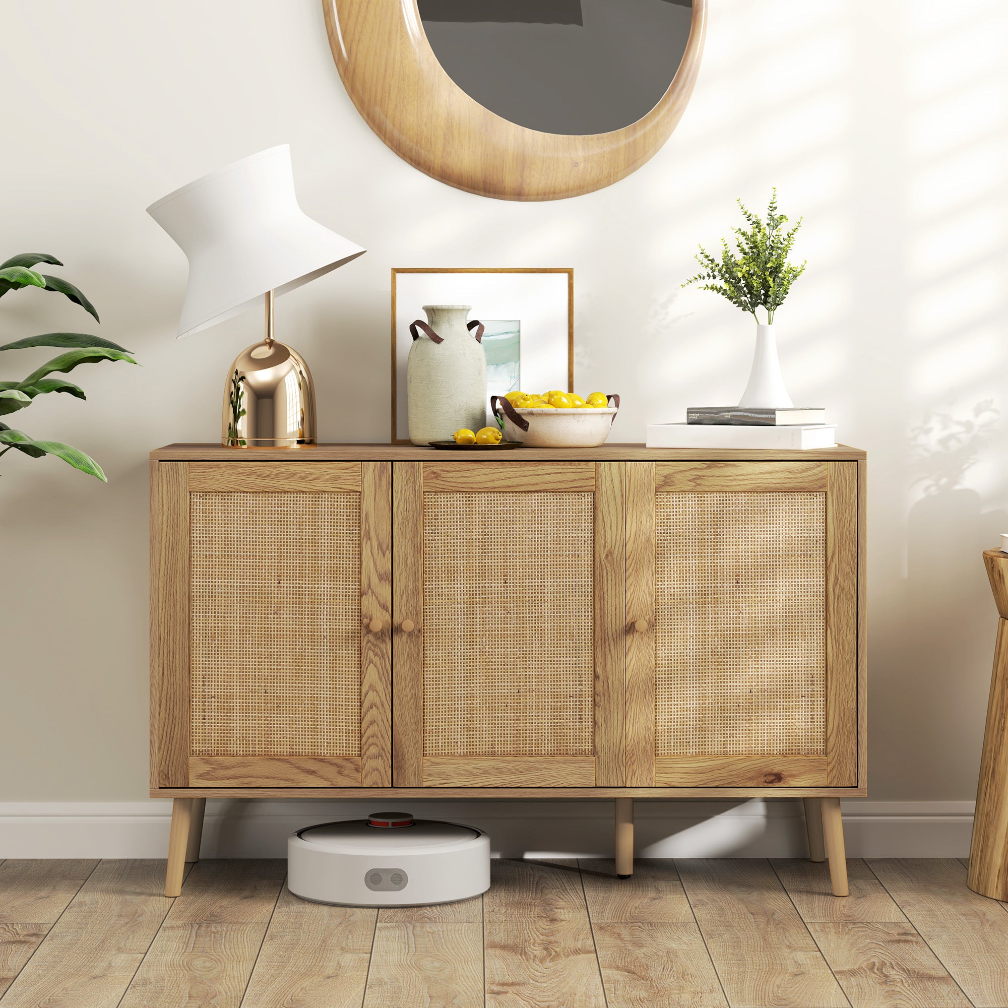 Bohemian Sideboard - Rattan, Adjustable Shelf, Natural Wood-DECOROLALA