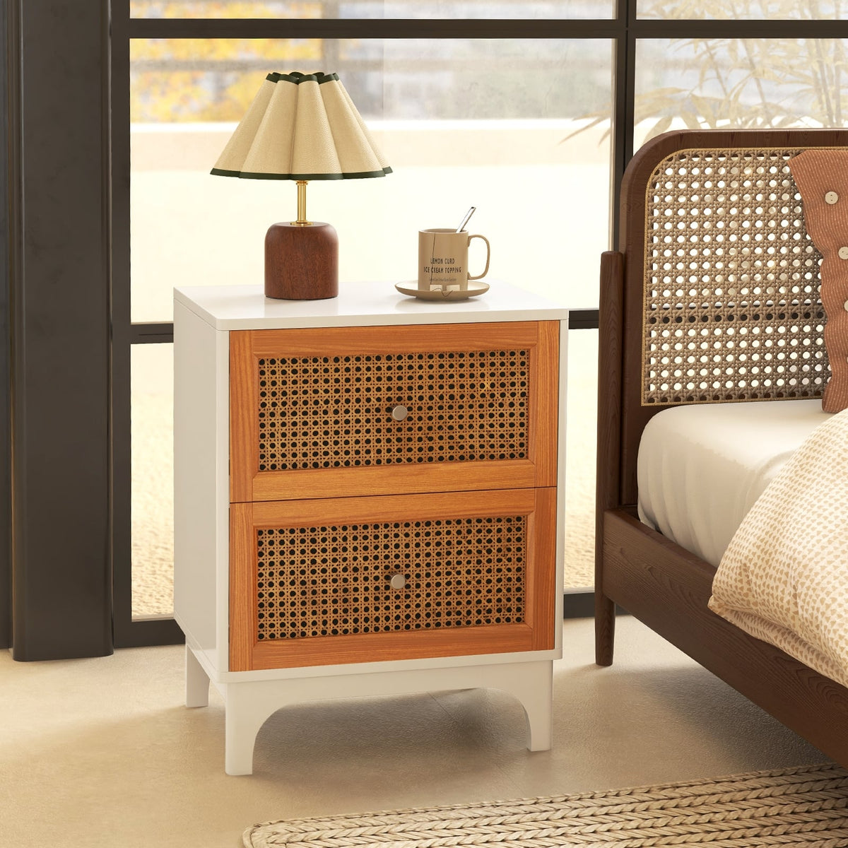 Boho Accent Table Nightstand with 2 Handwoven Rattan Decorated Drawers-White-Nightstands-DECOROLALA