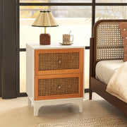 Boho Accent Table Nightstand with 2 Handwoven Rattan Decorated Drawers-White-Nightstands-DECOROLALA
