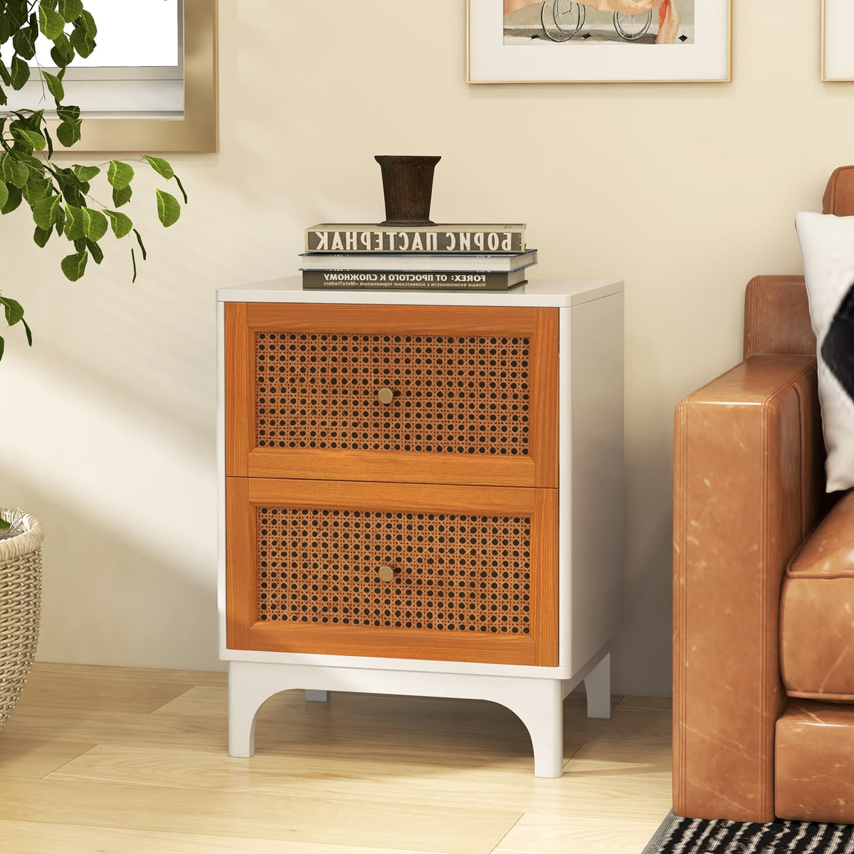 Boho Accent Table Nightstand with 2 Handwoven Rattan Decorated Drawers-White-Nightstands-DECOROLALA