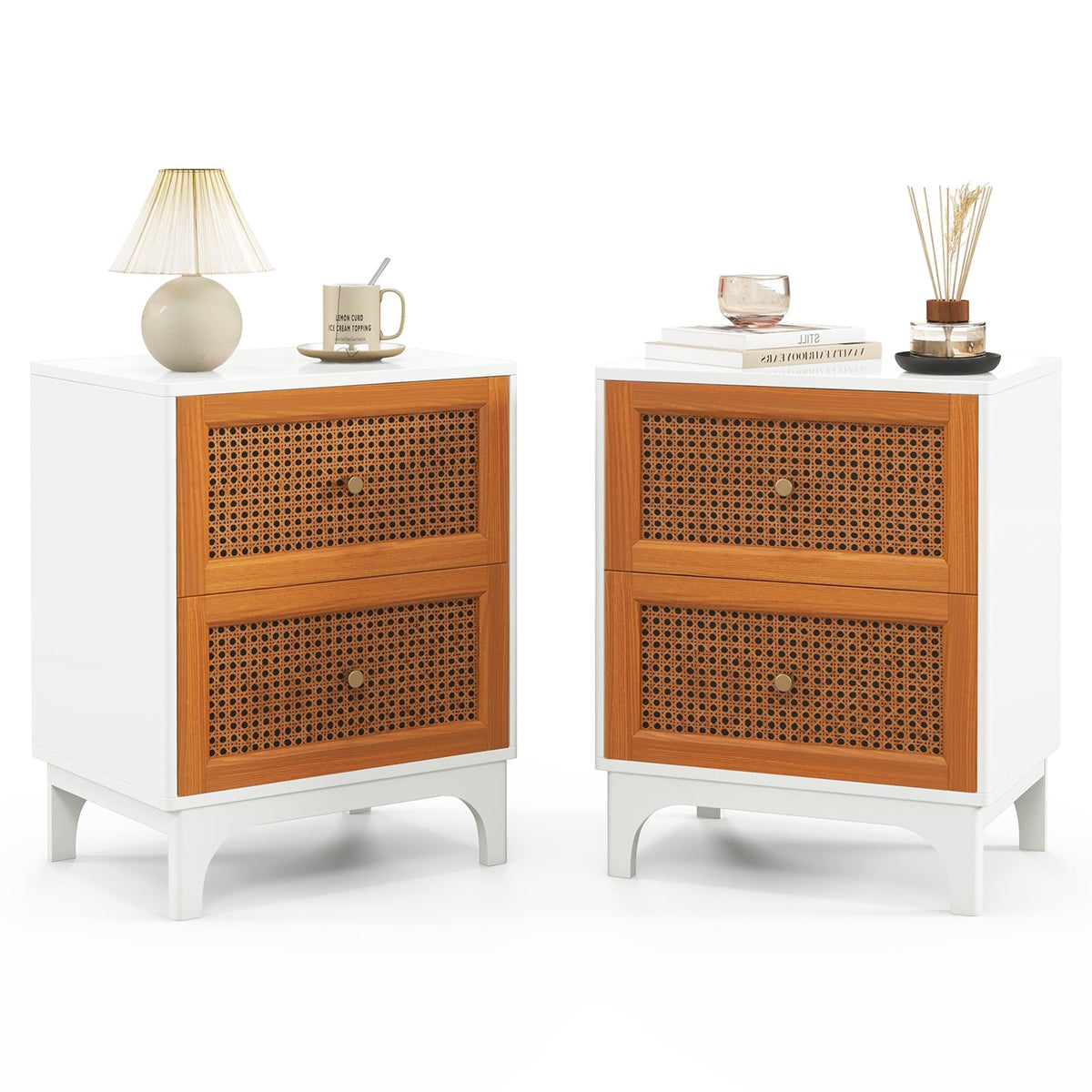 Boho Accent Table Nightstand with 2 Handwoven Rattan Decorated Drawers-White-Nightstands-DECOROLALA