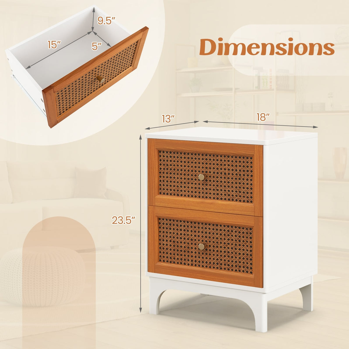 Boho Accent Table Nightstand with 2 Handwoven Rattan Decorated Drawers-White-Nightstands-DECOROLALA