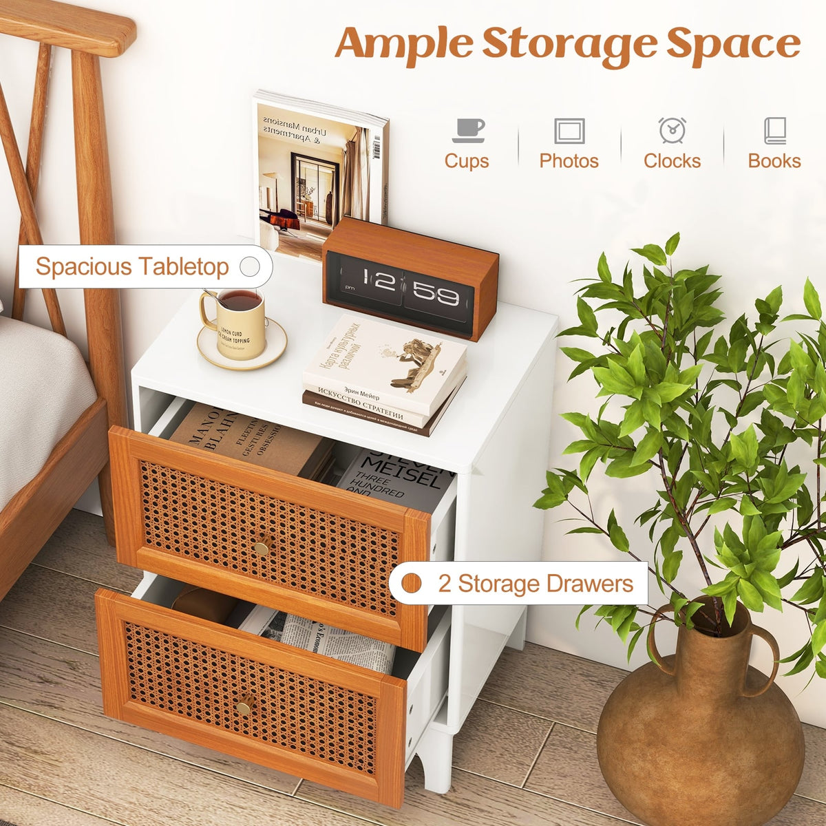 Boho Accent Table Nightstand with 2 Handwoven Rattan Decorated Drawers-White-Nightstands-DECOROLALA