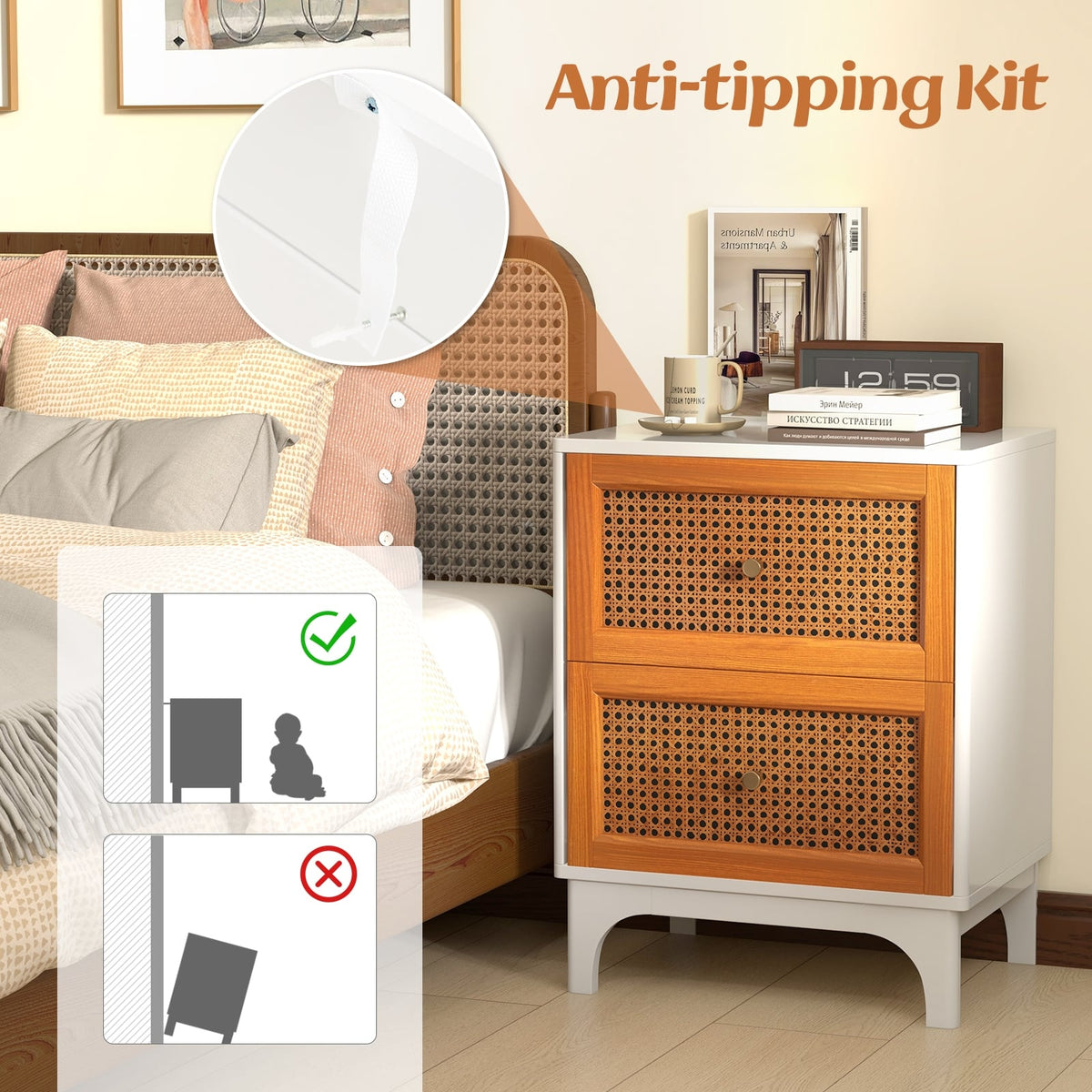 Boho Accent Table Nightstand with 2 Handwoven Rattan Decorated Drawers-White-Nightstands-DECOROLALA
