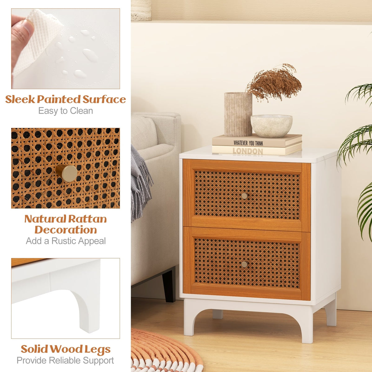 Boho Accent Table Nightstand with 2 Handwoven Rattan Decorated Drawers-White-Nightstands-DECOROLALA