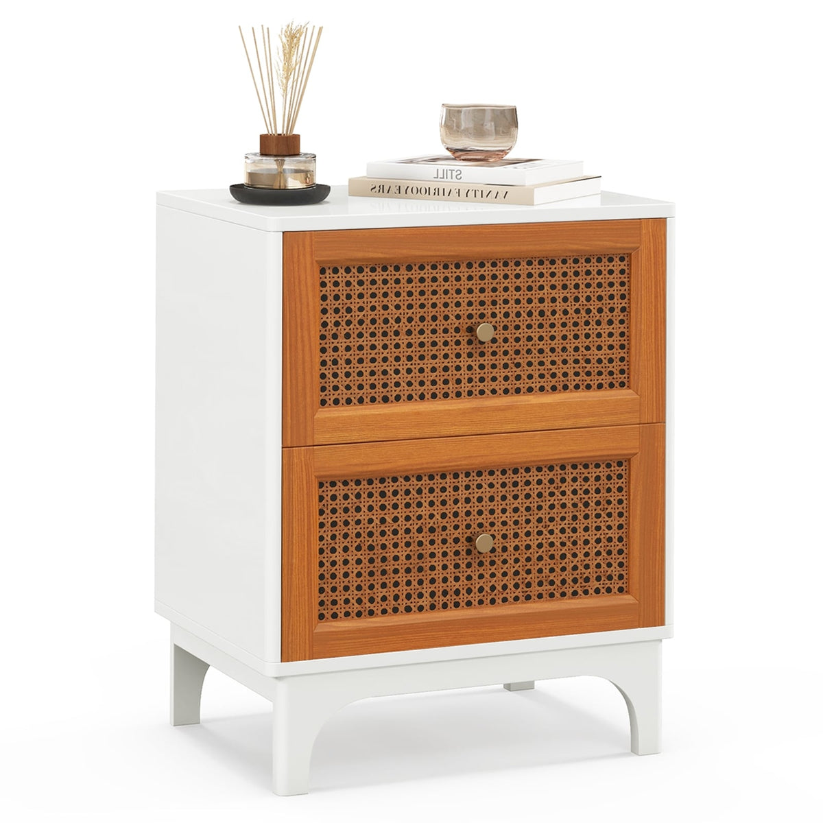 Boho Accent Table Nightstand with 2 Handwoven Rattan Decorated Drawers-White-Nightstands-DECOROLALA