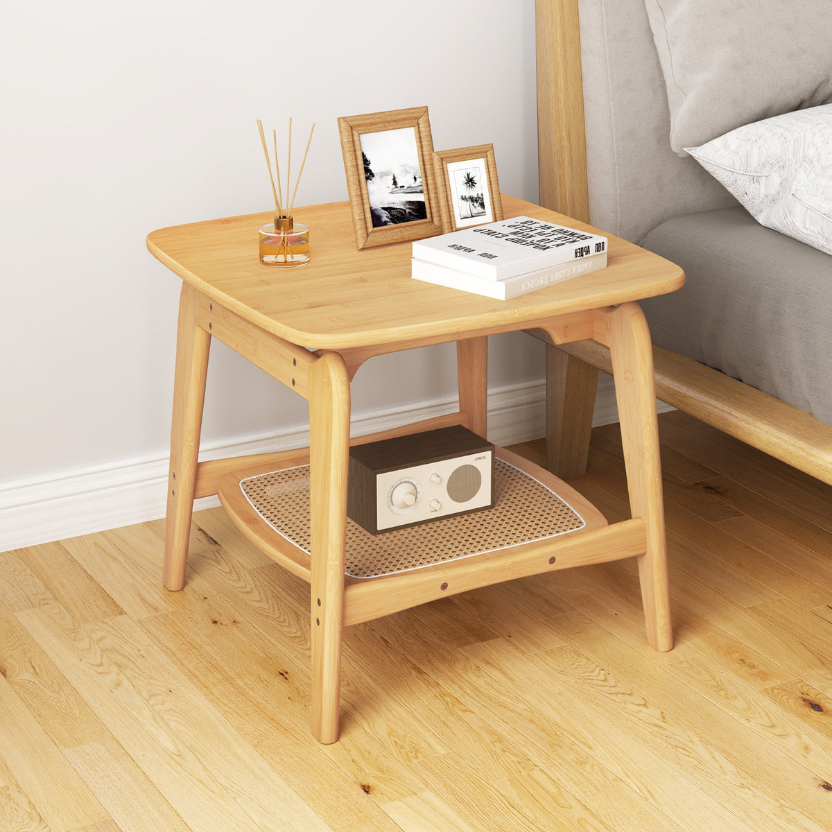 Boho Bamboo Sofa Side Table with Faux Rattan Storage Shelf-Natural-End & Side Tables-DECOROLALA
