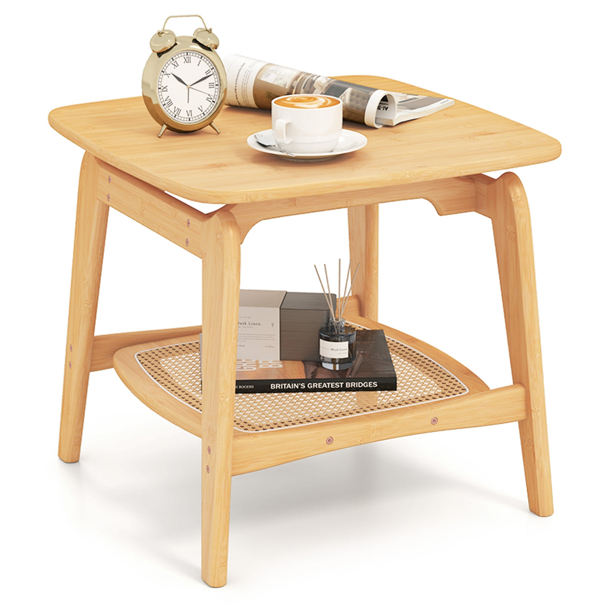 Boho Bamboo Sofa Side Table with Faux Rattan Storage Shelf-Natural-End & Side Tables-DECOROLALA