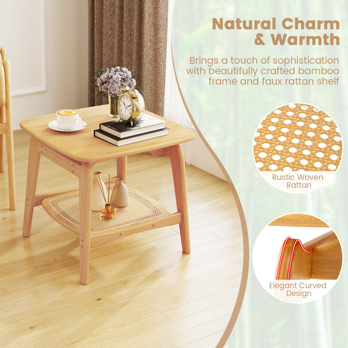 Boho Bamboo Sofa Side Table with Faux Rattan Storage Shelf-Natural-End & Side Tables-DECOROLALA