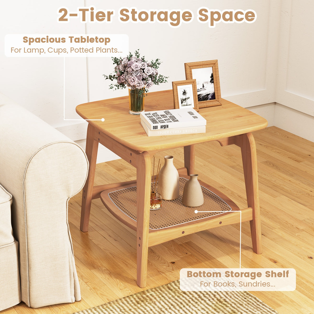 Boho Bamboo Sofa Side Table with Faux Rattan Storage Shelf-Natural-End & Side Tables-DECOROLALA