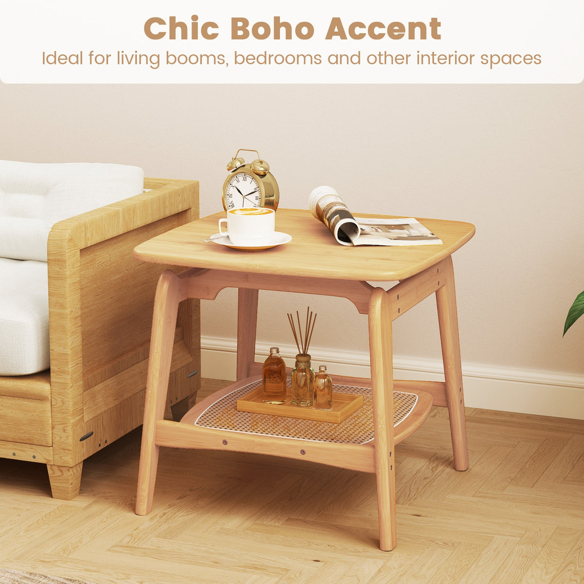 Boho Bamboo Sofa Side Table with Faux Rattan Storage Shelf-Natural-End & Side Tables-DECOROLALA