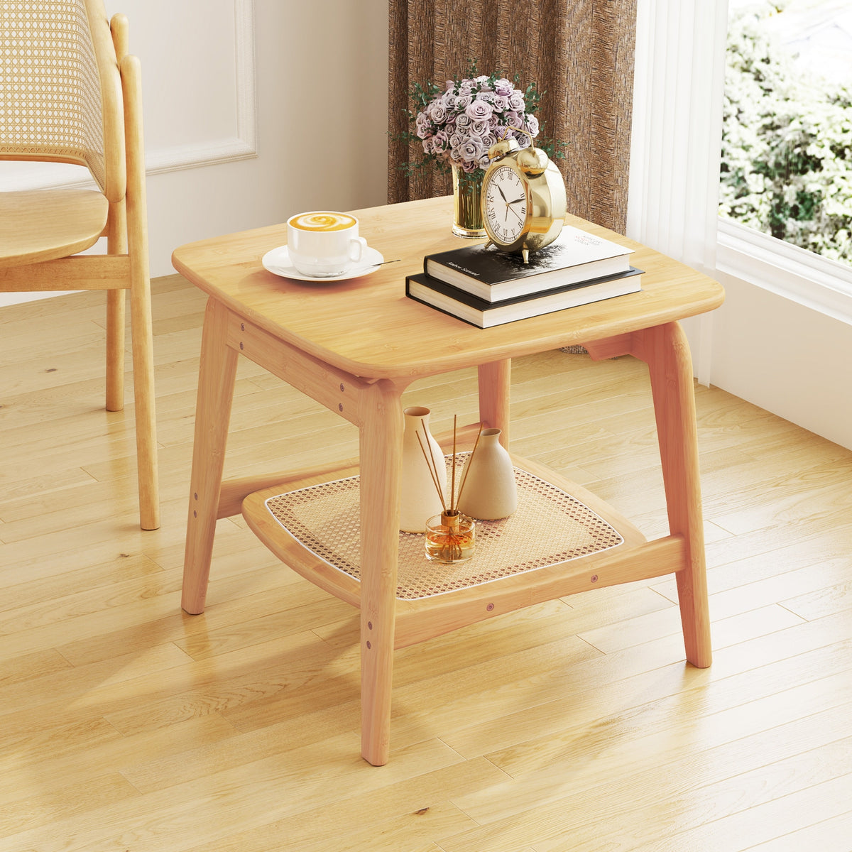Boho Bamboo Sofa Side Table with Faux Rattan Storage Shelf-Natural-End & Side Tables-DECOROLALA