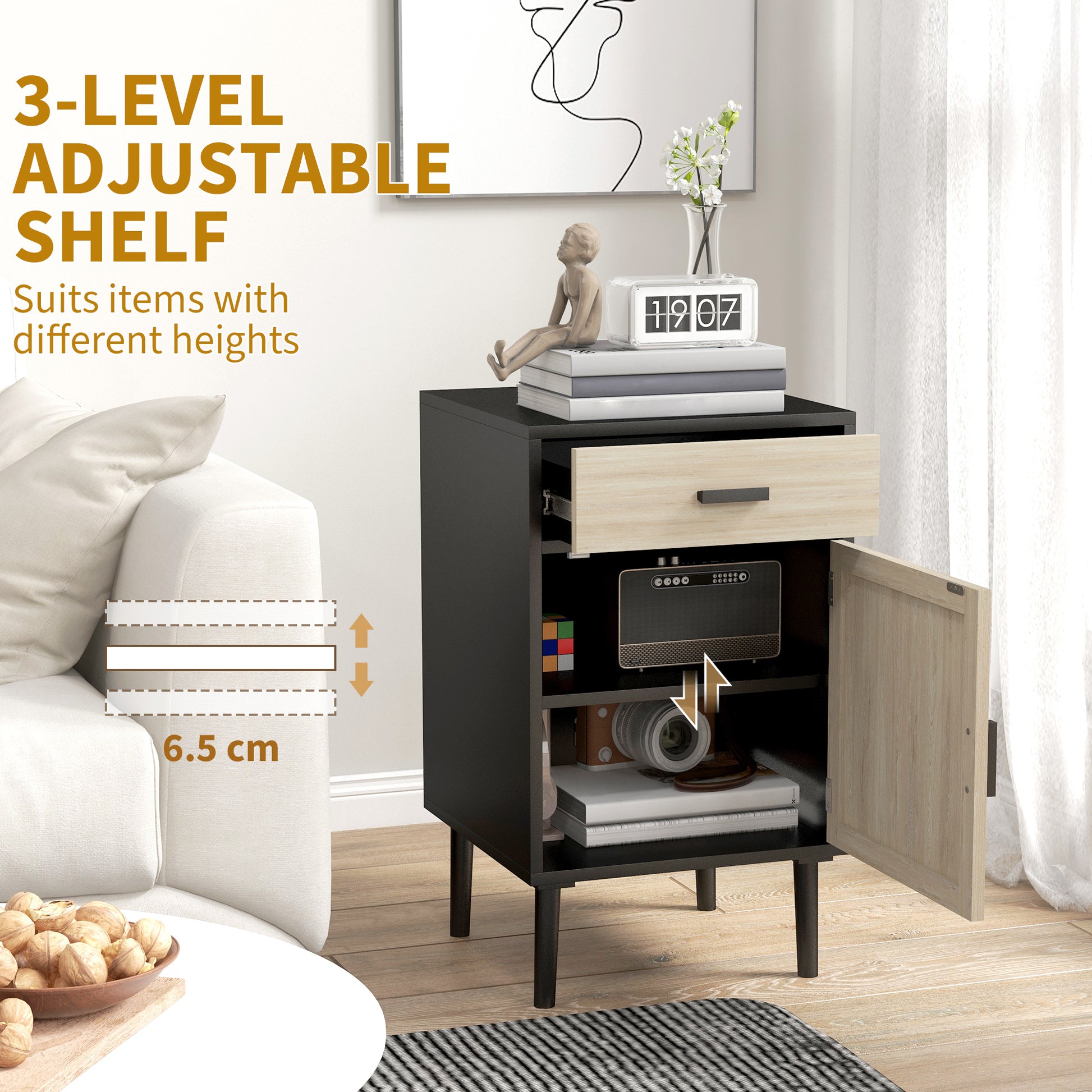Boho Bedside Tables Set of 2, Nightstands with Drawer, Rattan Cabinet, Adjustable Shelf for Bedroom, Living Room, Black-Home Furnishings > Bedroom Furniture > Bedside Tables-DECOROLALA
