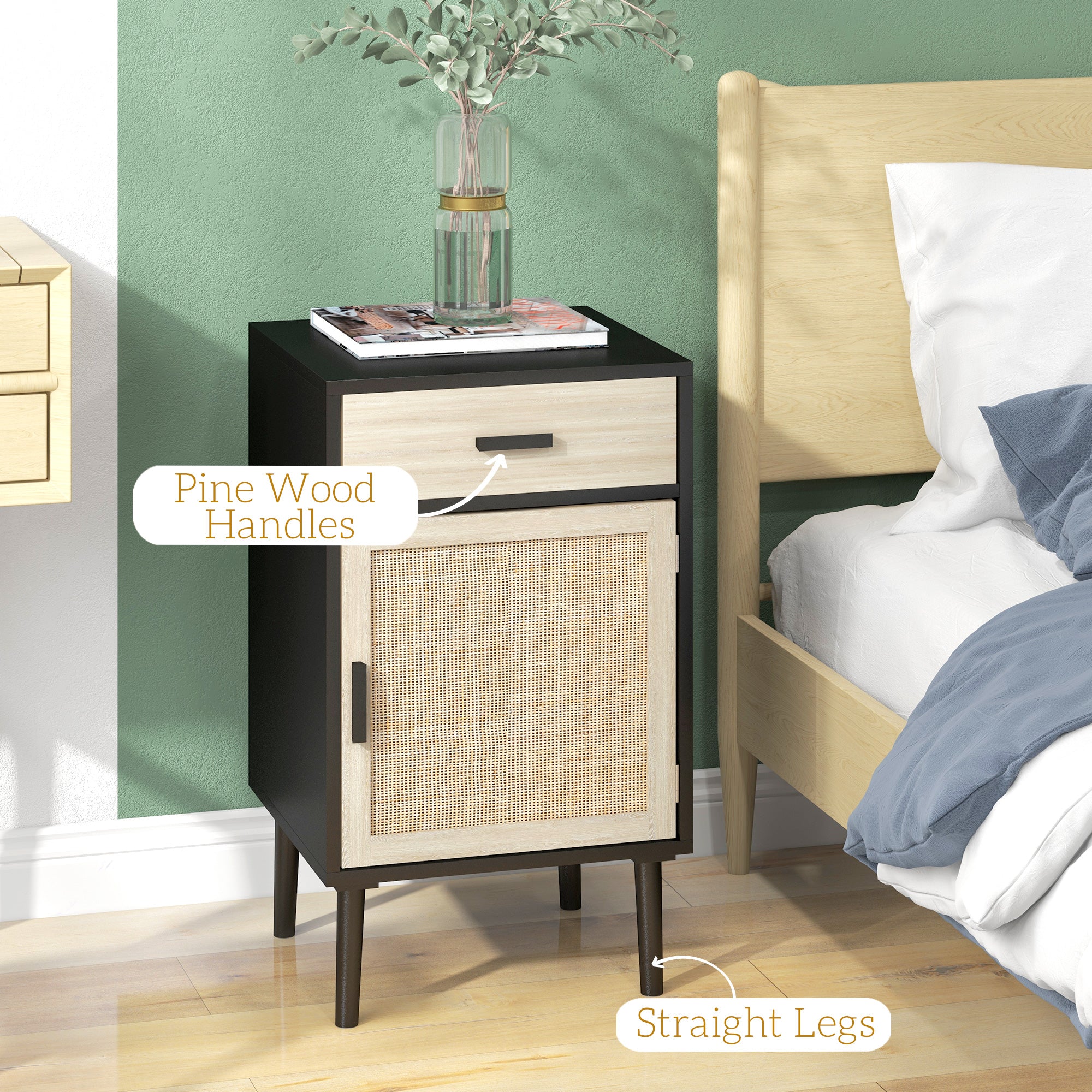 Boho Bedside Tables Set of 2, Nightstands with Drawer, Rattan Cabinet, Adjustable Shelf for Bedroom, Living Room, Black-Home Furnishings > Bedroom Furniture > Bedside Tables-DECOROLALA