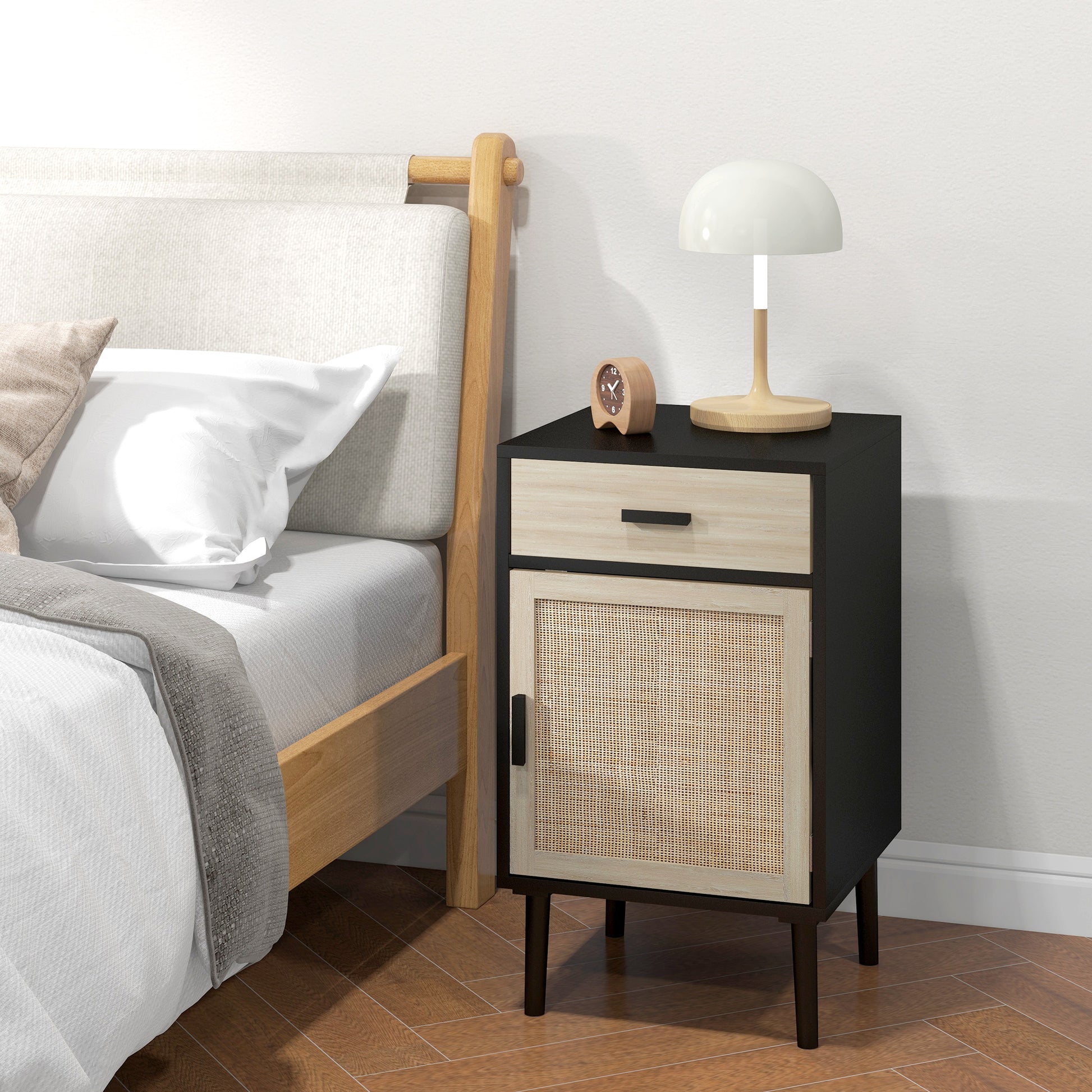 Boho Bedside Tables Set of 2, Nightstands with Drawer, Rattan Cabinet, Adjustable Shelf for Bedroom, Living Room, Black-Home Furnishings > Bedroom Furniture > Bedside Tables-DECOROLALA