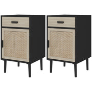 Boho Bedside Tables Set of 2, Nightstands with Drawer, Rattan Cabinet, Adjustable Shelf for Bedroom, Living Room, Black-Home Furnishings > Bedroom Furniture > Bedside Tables-DECOROLALA
