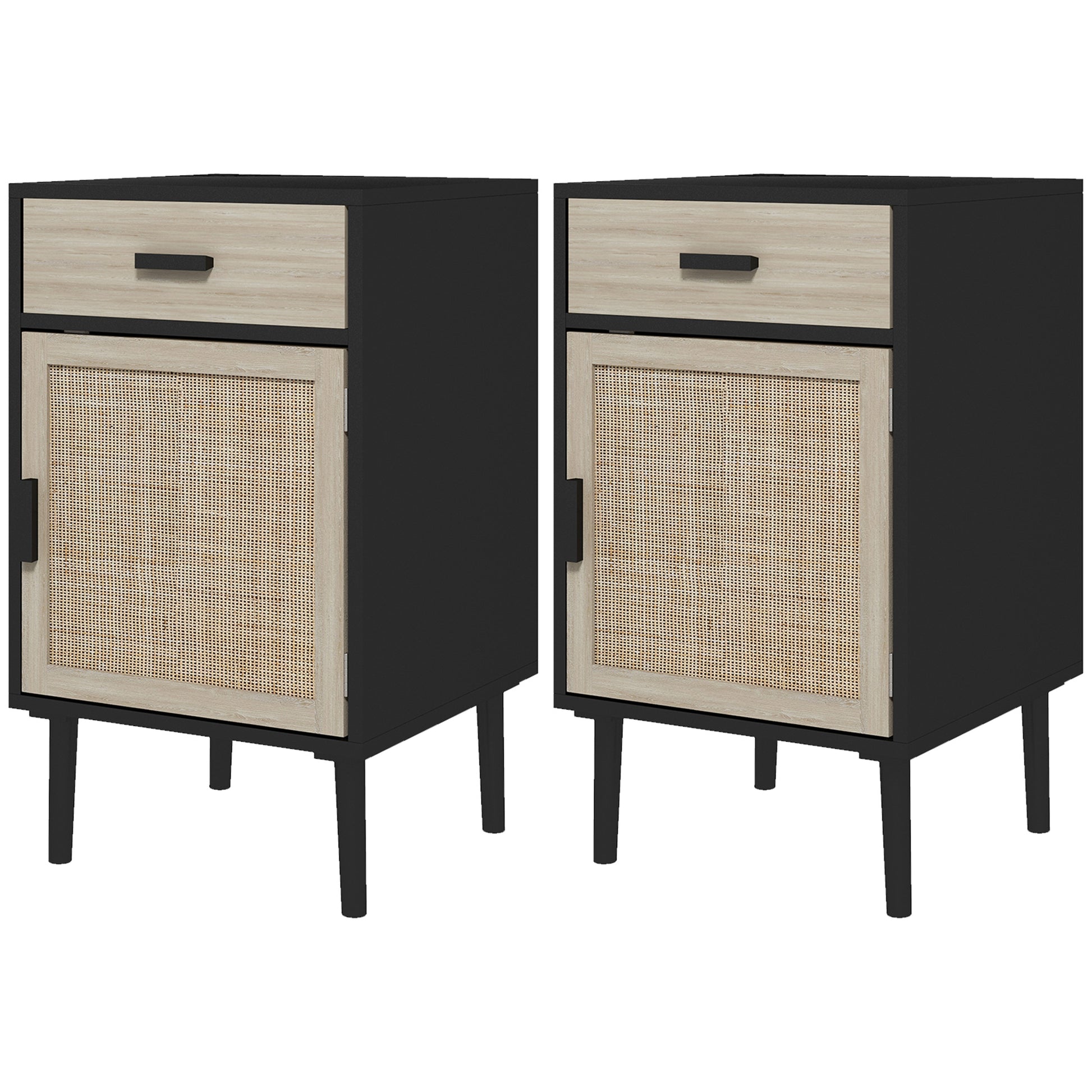 Boho Bedside Tables Set of 2, Nightstands with Drawer, Rattan Cabinet, Adjustable Shelf for Bedroom, Living Room, Black-Home Furnishings > Bedroom Furniture > Bedside Tables-DECOROLALA