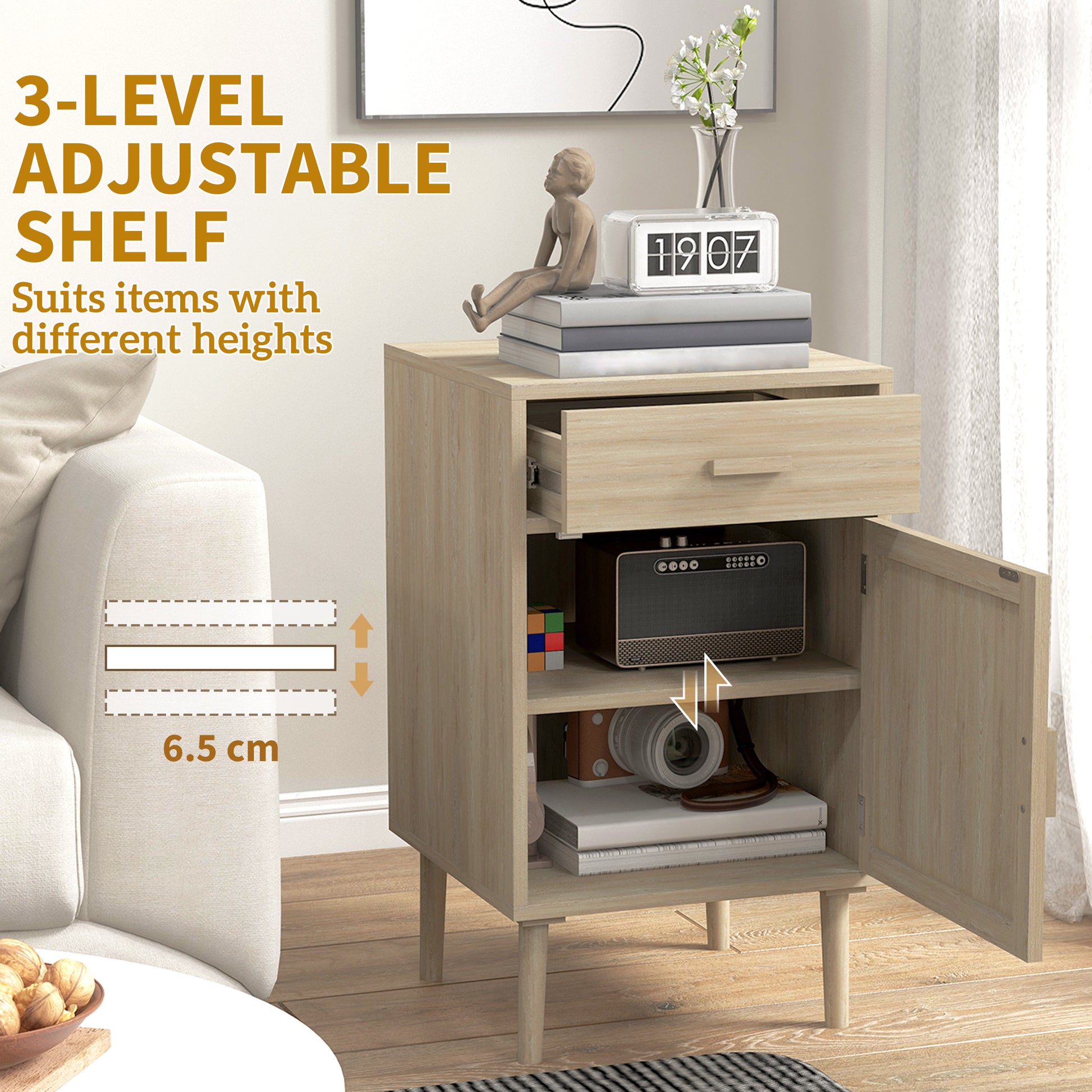 Boho Bedside Tables Set of 2, Nightstands with Drawer, Rattan Cabinet, Adjustable Shelf for Bedroom, Living Room, Oak-Home Furnishings > Bedroom Furniture > Bedside Tables-DECOROLALA