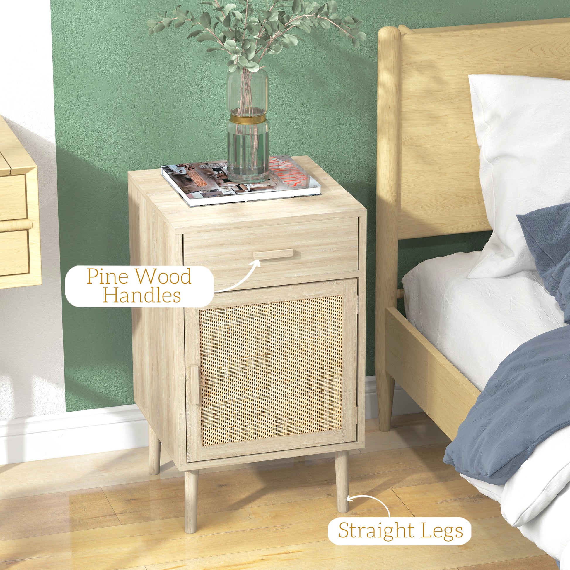 Boho Bedside Tables Set of 2, Nightstands with Drawer, Rattan Cabinet, Adjustable Shelf for Bedroom, Living Room, Oak-Home Furnishings > Bedroom Furniture > Bedside Tables-DECOROLALA