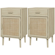 Boho Bedside Tables Set of 2, Nightstands with Drawer, Rattan Cabinet, Adjustable Shelf for Bedroom, Living Room, Oak-Home Furnishings > Bedroom Furniture > Bedside Tables-DECOROLALA