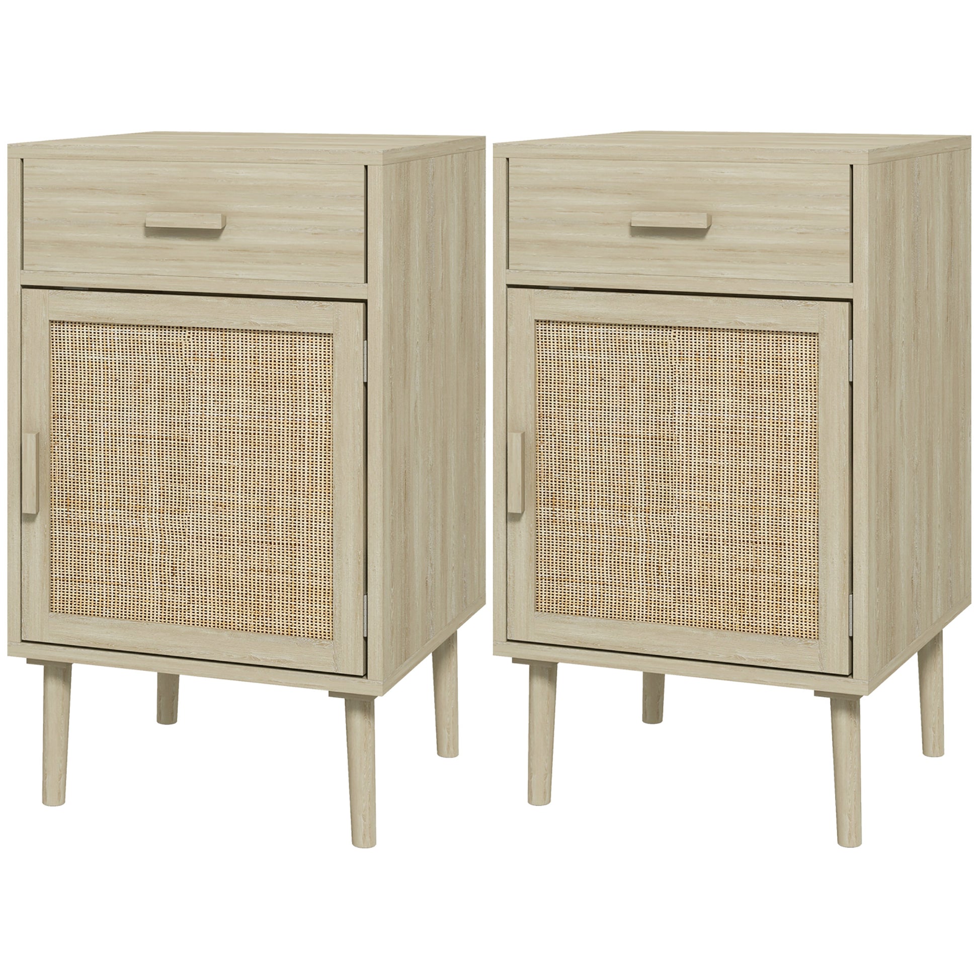 Boho Bedside Tables Set of 2, Nightstands with Drawer, Rattan Cabinet, Adjustable Shelf for Bedroom, Living Room, Oak-Home Furnishings > Bedroom Furniture > Bedside Tables-DECOROLALA