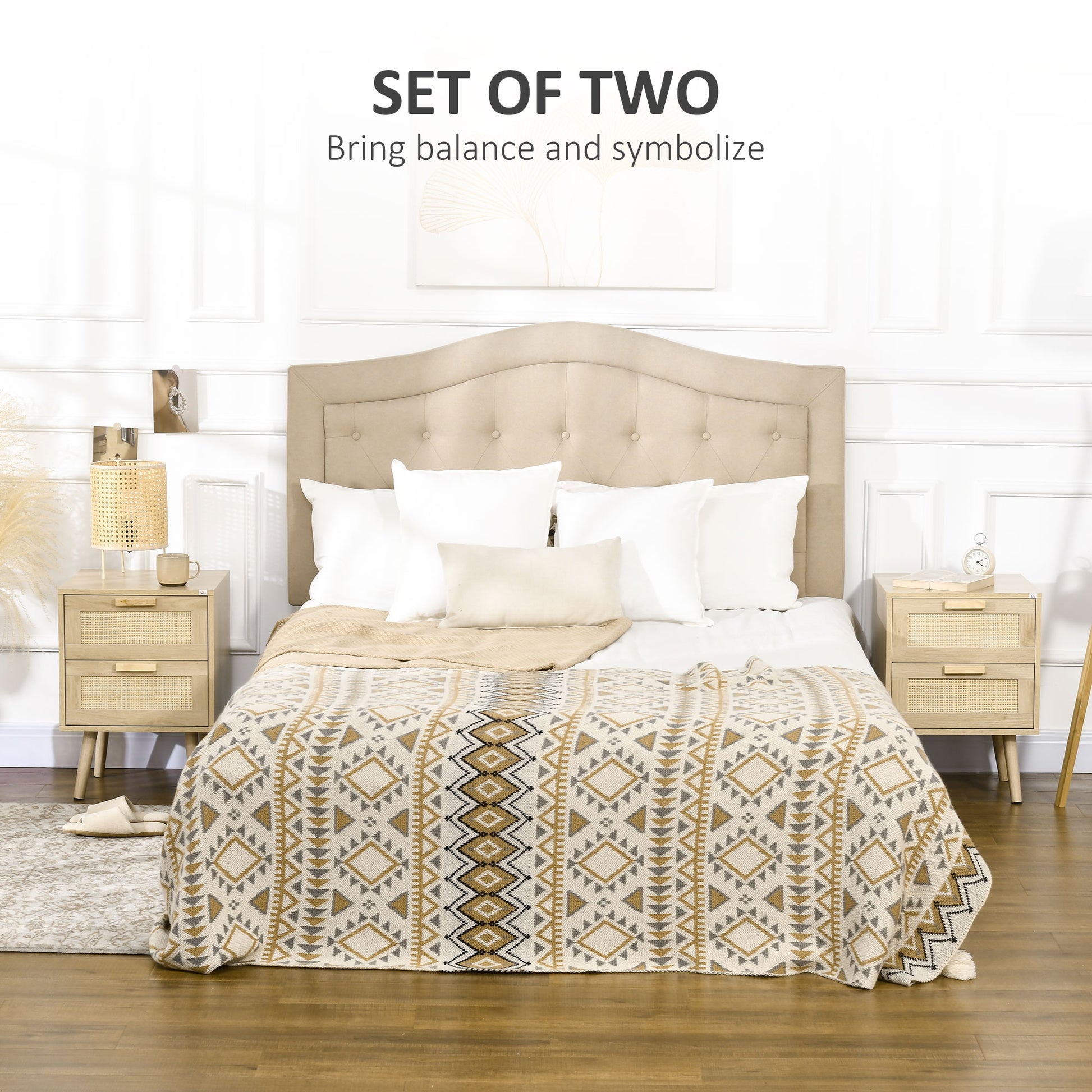 Boho Design Nightstand Set of 2, Side End Table with 2 Drawers for Living Room, Bedroom-Home Furnishings > Bedroom Furniture > Bedside Tables-DECOROLALA