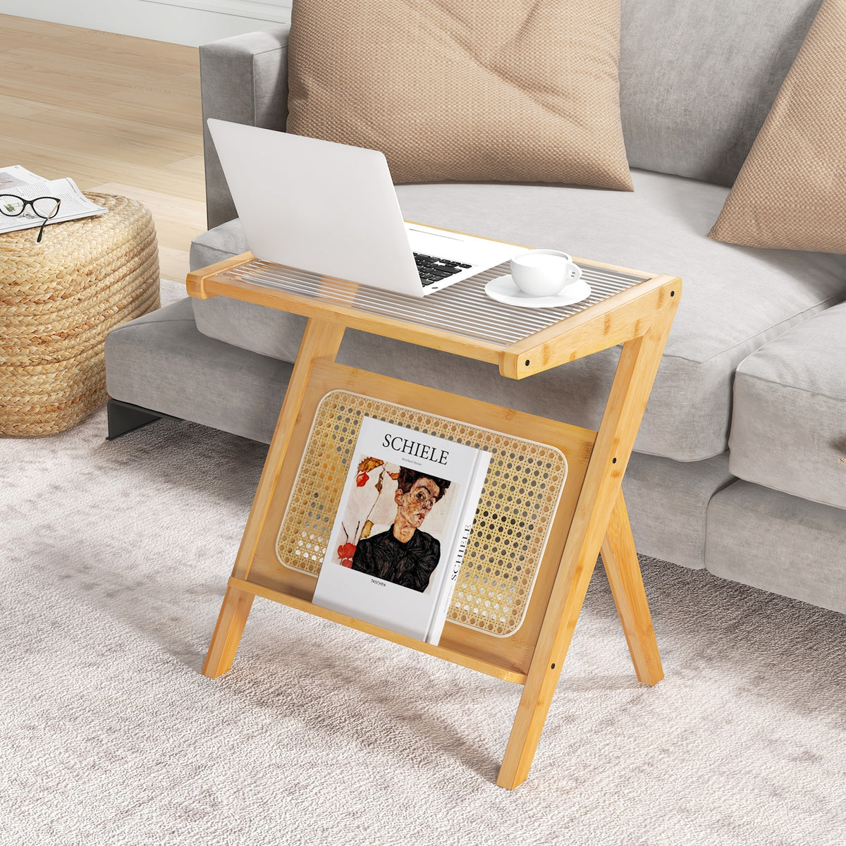 Boho End Table with Magazine Rack and Tempered Glass Top-Natural-End & Side Tables-DECOROLALA