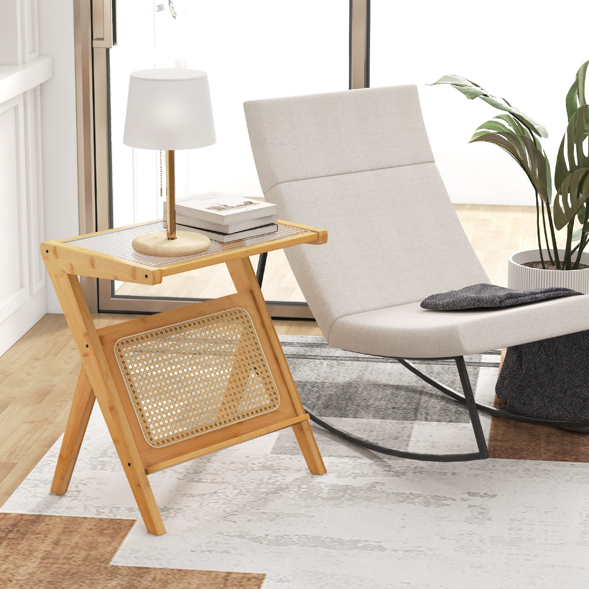 Boho End Table with Magazine Rack and Tempered Glass Top-Natural-End & Side Tables-DECOROLALA