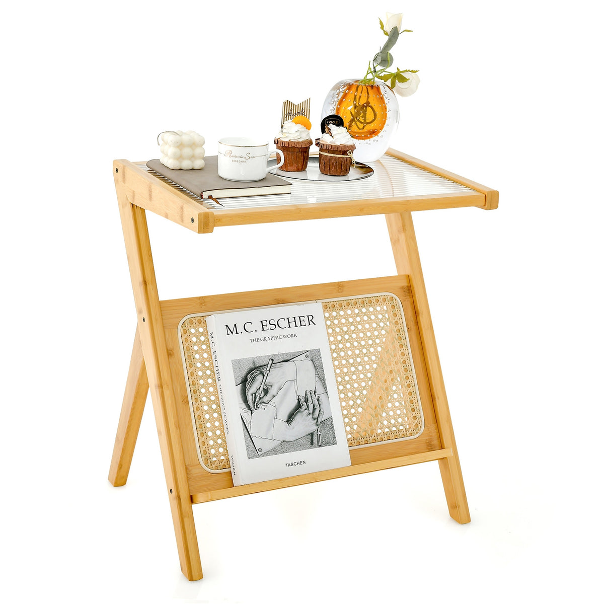 Boho End Table with Magazine Rack and Tempered Glass Top-Natural-End & Side Tables-DECOROLALA