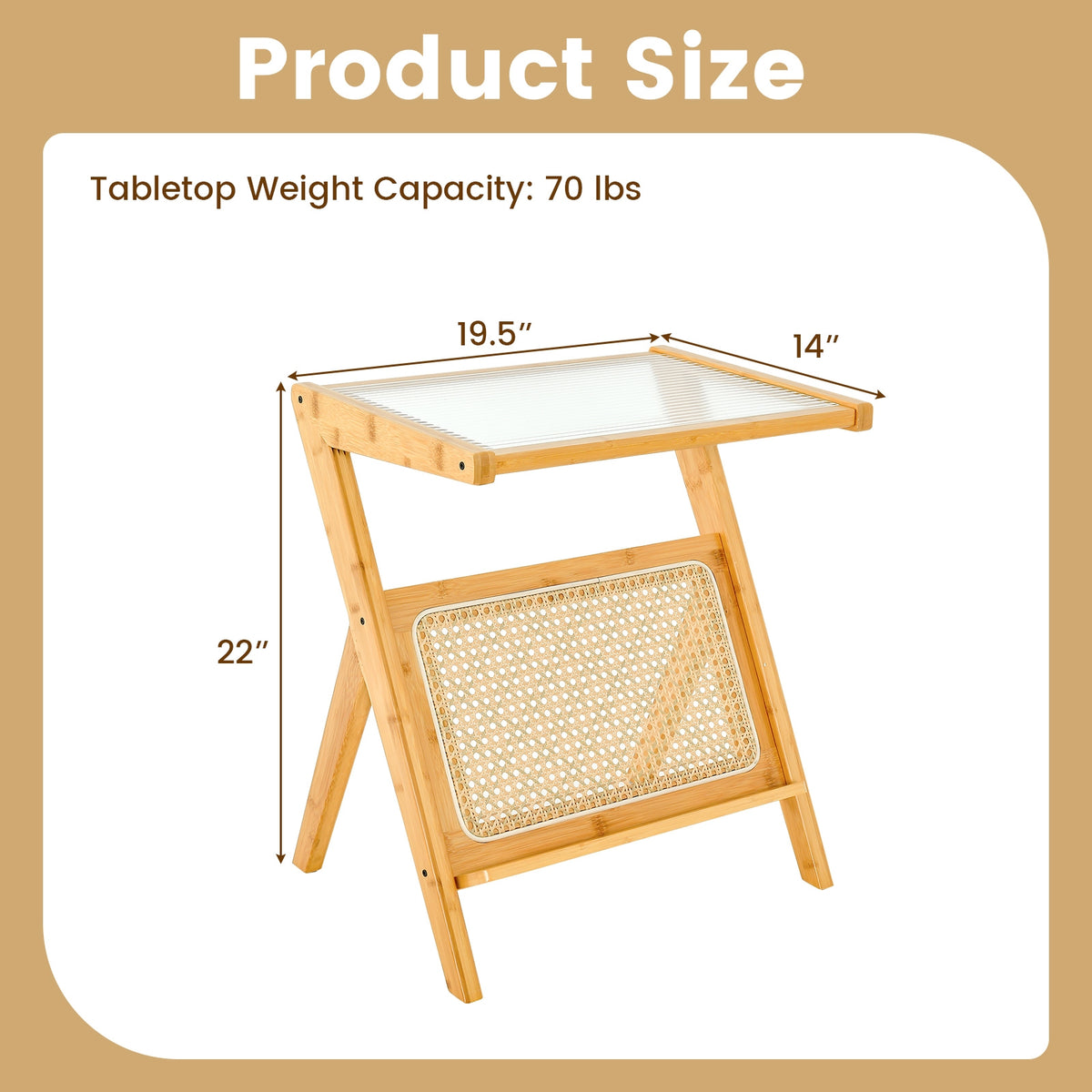 Boho End Table with Magazine Rack and Tempered Glass Top-Natural-End & Side Tables-DECOROLALA