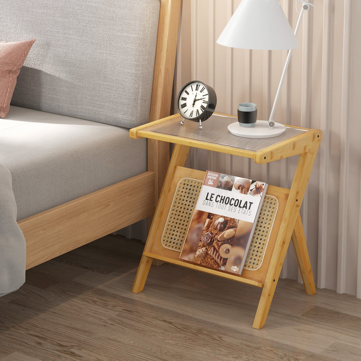Boho End Table with Magazine Rack and Tempered Glass Top-Natural-End & Side Tables-DECOROLALA