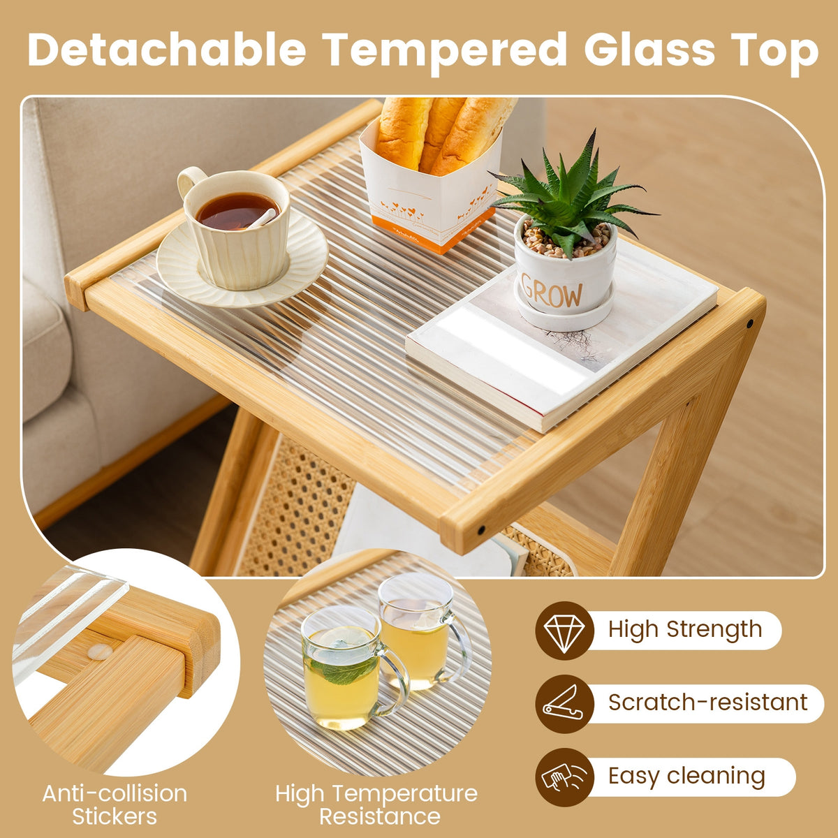 Boho End Table with Magazine Rack and Tempered Glass Top-Natural-End & Side Tables-DECOROLALA