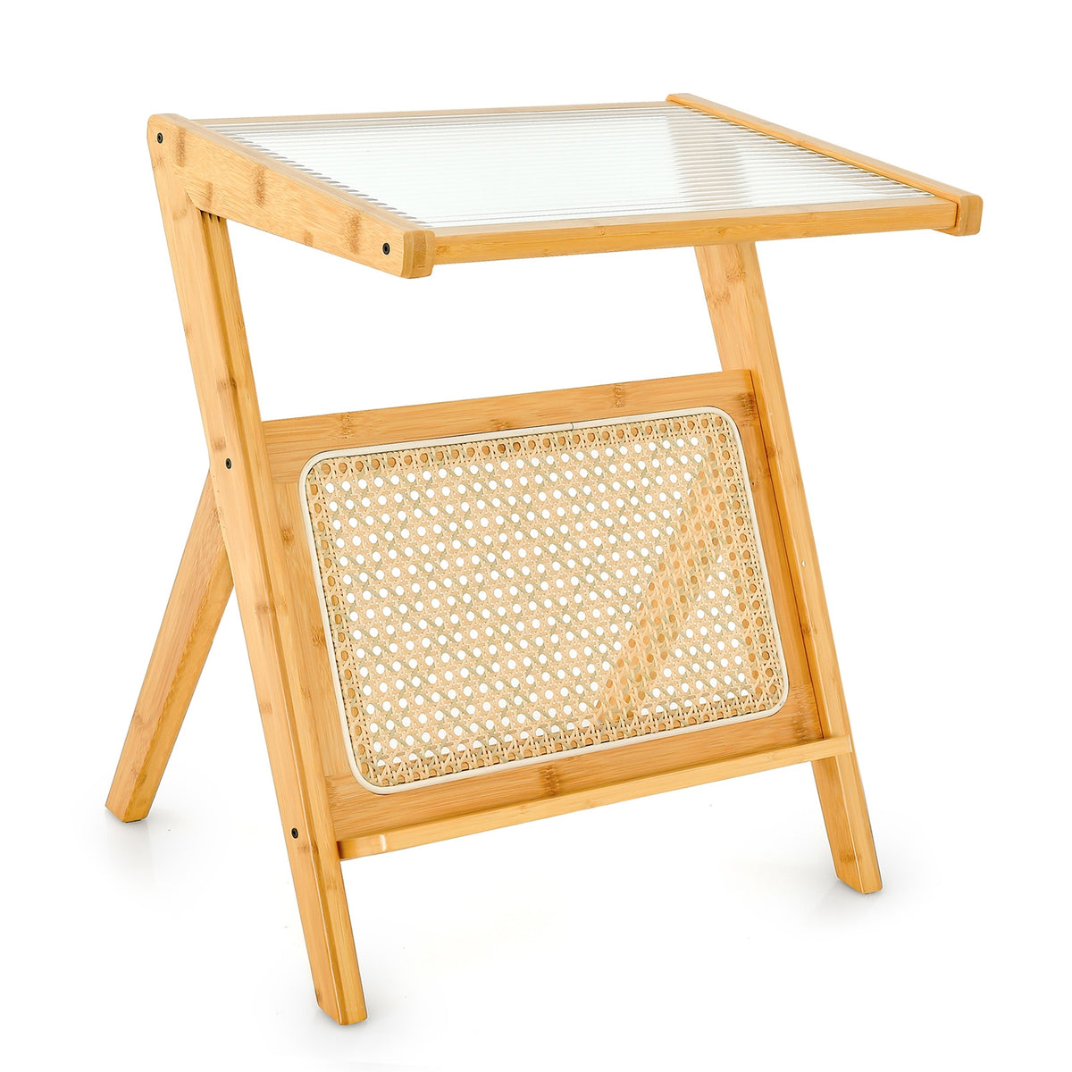 Boho End Table with Magazine Rack and Tempered Glass Top-Natural-End & Side Tables-DECOROLALA