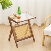 Boho End Table with Magazine Rack and Tempered Glass Top-Walnut-End & Side Tables-DECOROLALA
