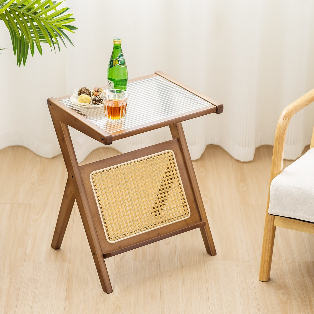 Boho End Table with Magazine Rack and Tempered Glass Top-Walnut-End & Side Tables-DECOROLALA
