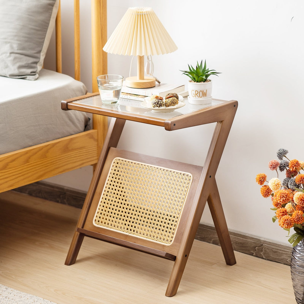 Boho End Table with Magazine Rack and Tempered Glass Top-Walnut-End & Side Tables-DECOROLALA